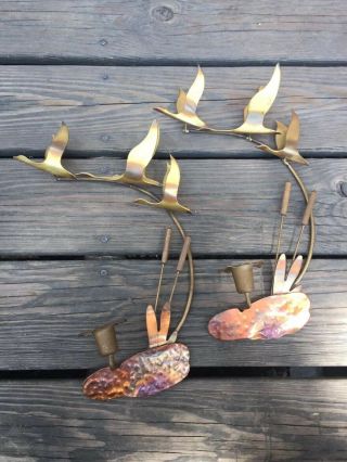 Pair Vtg Mcm Mid Century Brass Wood Flying Duck Geese Wall Art Candle Sconce
