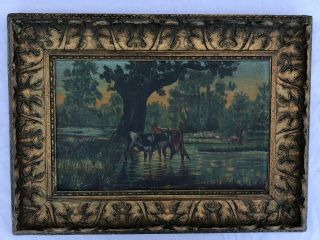 Cows Cattle Folk Art Antique Early 1900s Landscape Oil Painting Canvas On Board