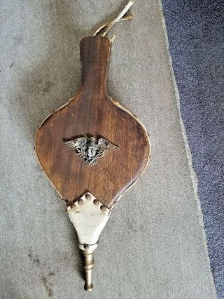 Vintage Fireplace Bellows Tool.  Wooden Handles With Leather Trim & Functional