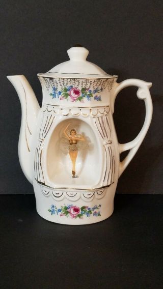 Rare Vintage Made In Japan Ceramic Musical Teapot Ballerina Music Box W Roses