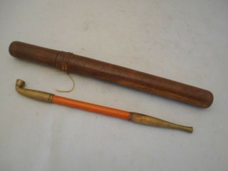 Chinese Antique Wooden Cased Brass & Wood Smoking Pipe