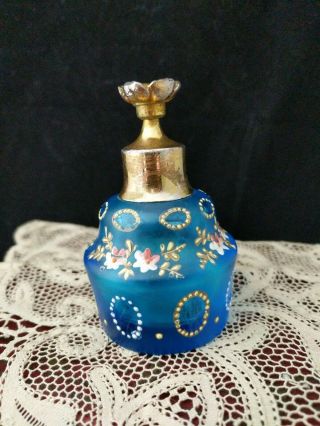 Antique Turquoise Glass Perfume Bottle Brass Flower Stopper Moriage Floral Paint