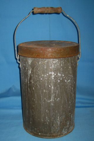 Vtg/antique Tin/metal Cream/milk Can & Lid Dairy ? Wood Handle