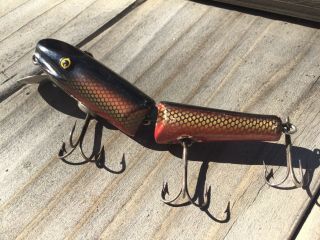 Paw Paw Jointed Pikie Minnow 1930 Painted Tack Eyes Three Hook Rustic Fish Lure