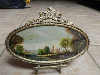 Antique Italian Rare Oil On Copper Painting,  Framed,  Convex Glass With Stand