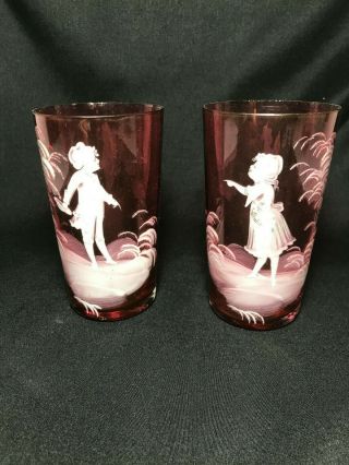 Two Antique Mary Gregory Glass Cups,  Cranberry Tumblers,  Hand Painted