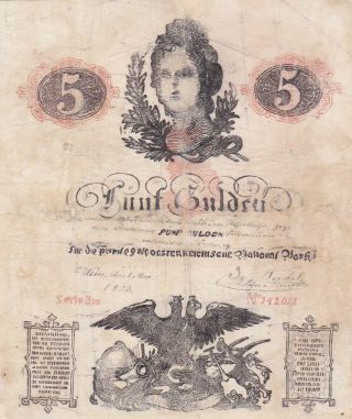5 Gulden Vg Contemporary Fake Banknote From Austrian Empire/hungary 1856 Rare