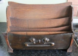 Art Nouveau Wooden Table Letter Rack With Copper Design Plate To Front.