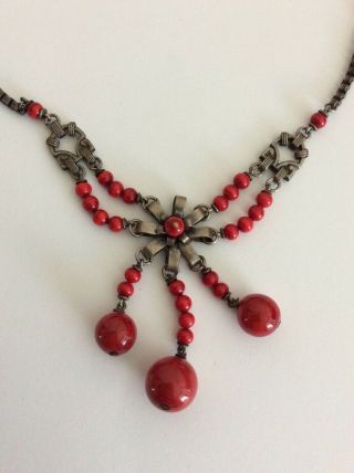 Antique Art Deco Red Glass Bead Necklace