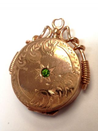 Antique Victorian Rose Gold Filled Locket Pendant With Bright Green Paste