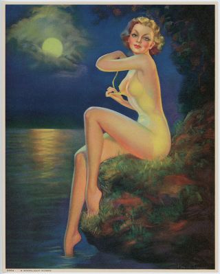 Rare Fine Art Deco Vintage Pin - Up Print Laurette Patten A Moonlight Nymph 1930s