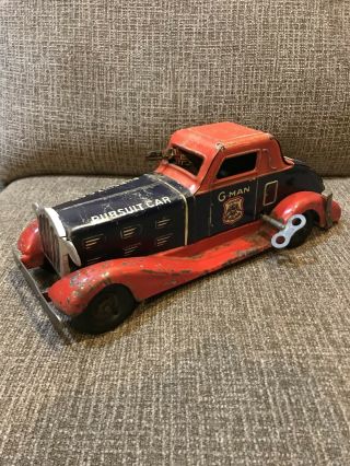 Rare 1930s Marx G - Man Pursuit Car Wind Up Police Gangster Tin Toy Pressed Steel