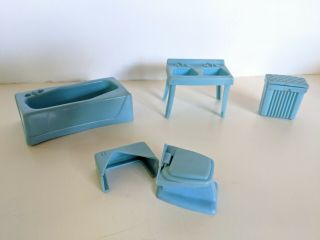 4 Piece Marx Vintage Blue Plastic Doll House Furniture Bathroom - Broken Toilet