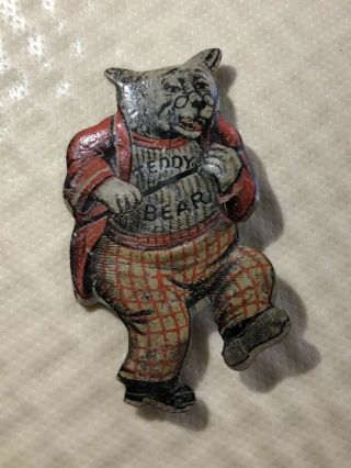 Tin Teddy Roosevelt Bear With Big Stick Fob Pin Political Pinback Antique - Rare
