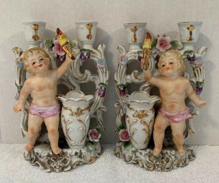 2 Vintage Porcelain Cherub Floral Gold Trim Candlestick Holders Camille Naudot