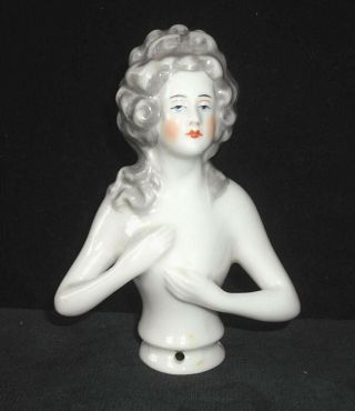Vintage German Porcelain Half Doll 4 1/2 Inches Arms Away Gray Pompadour