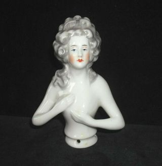 Vintage German Porcelain Half Doll 4 1/2 inches Arms Away Gray Pompadour 2