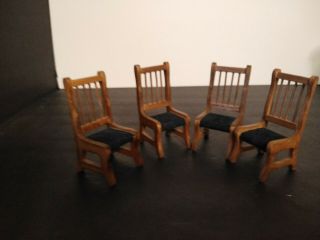 4 Vintage Miniature 1:12 Dollhouse Dining Chairs Black Fabric