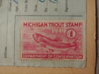 Rare 1949 Michigan Trout Fishing License With Stamp A6