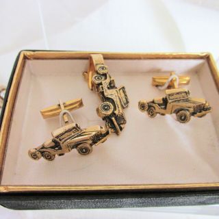 Novelty Jeep Truck Cufflinks & Tie Clasp Gold Plate Box Vintage A,
