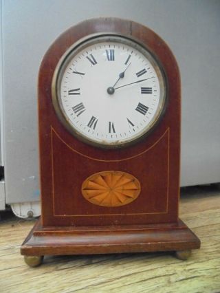 Antique Edwardian Mahogany 8 Day Arched Topped Mantle Clock.  White Enamel Dial.