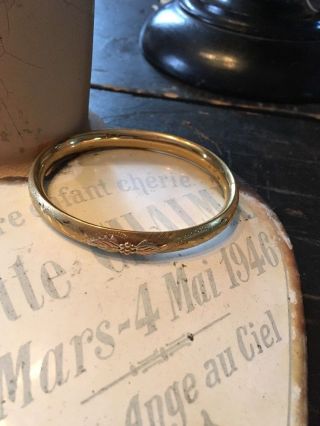 Antique Victorian 14k Gold Filled Bangle Bracelet Etched Rose Gold Accent