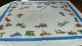 1950s Vintage Bold Colors Antique Cars Printed Cotton Tablecloth