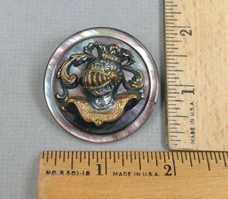 Pearl W/ Brass Embellishment Antique Button,  Knight In Armor Head,  Large,