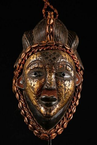 10158 Rare Punu Tribe Puka Shell Queen Mask Old African Wood Carved