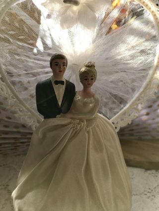 Vintage 1960s Wedding Cake Topper Tulle Heart Fabric Dress Blonde Bride Euc
