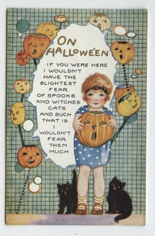 Antique Pumpkins Jol Surround Cute Girl Whitney Halloween Postcard Black Cat