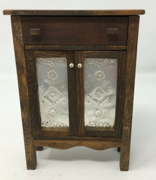 Vintage Dollhouse Miniature Wood Cabinet Bureau With Tin Hammered Inserts