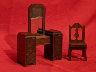 Vintage Strombecker Playthings Wooden Dollhouse Furniture Make Up Vanity & Chair