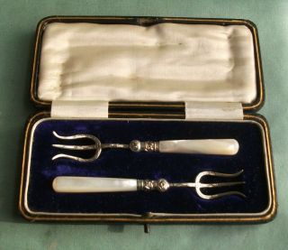 Boxed Small White Metal Serving Forks - Mother Of Pearl Handles