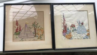2 Vintage Embroidery Pictures Crinoline Lady In Her Garden Framed Very Pretty