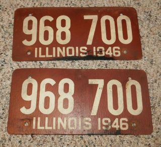 Rare Matching Set Of 2 1946 Illinois Automobile Car License Plates Same Numbers