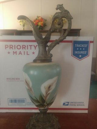 16 " Antique Victorian Ewer Vase Urn Hand Painted Porcelain & Ornate Gilt Metal