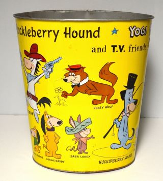 Rare Vintage 1960s Hanna Barbera Huckleberry Hound Tin Waste Basket