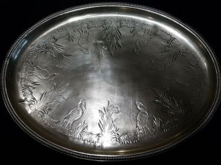 Antique Oval Heavy Solid Brass Tray Engraved With Herons