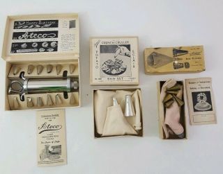 Vintage Ateco Cake Decorating Set Icing 12 Tips,  Bag,  Syringe,  Booklet & Box