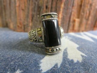 Vintage Sterling Silver Art Deco Style Marcasite Onyx Ring Size 7.  75 L2