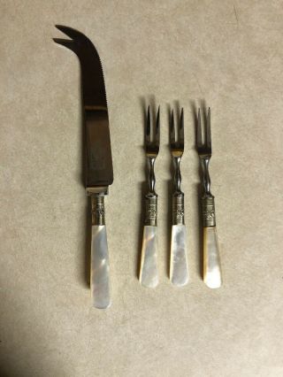 Vtg Sheffield England Epns Mother Of Pearl Handled Pickle/cocktail Forks N Knife