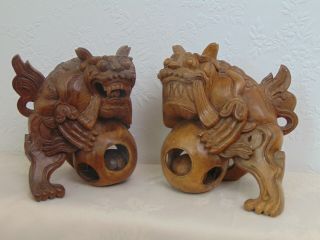 Antique Chinese Carved Hardwood Temple Lions / Fu Dogs - Puzzle Ball