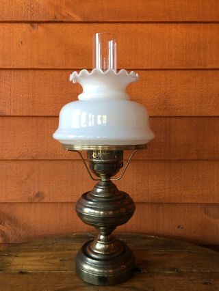 Brass Electrified Oil Hurricane Lamp With Shade & Chimney