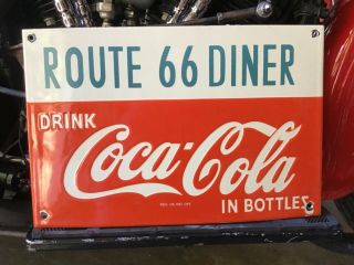 Rare Vintage Porcelain Route 66 Diner Coca - Cola Sign Harley Ford Chevy