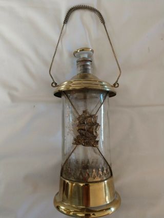 Antique Brass And Glass Liquor Decanter Lantern With Wind - Up Music Box Unique