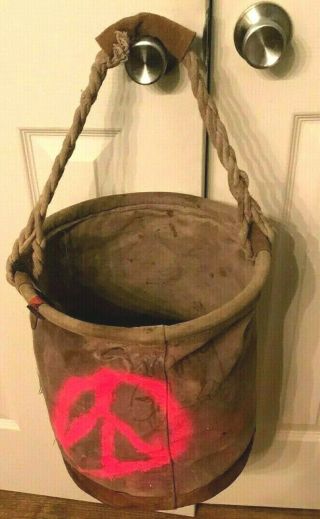 Western Safety Round Canvas Tool Bag W/genuine Leather Bottom & Rope Handle Rare
