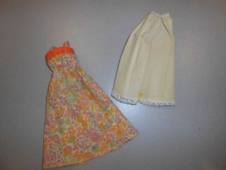 Vintage Barbie Long Mod Floral Sundress W/ Crepe Paper Material Long Under Skirt