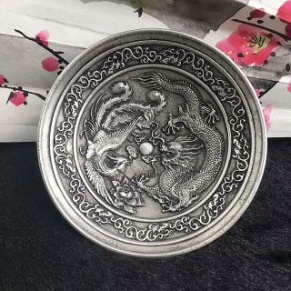 China Carved Tibetan Silver Writing - Brush Washer Dragon And Phoenix Plates