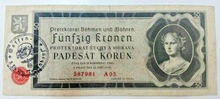 50 Korun Banknote Occupation Nazi Stamp Czechoslovakia & Moravia 1940 Rare 981